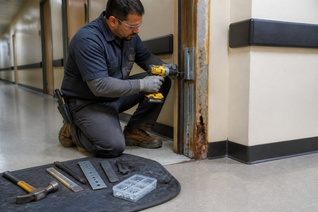A maintenance technician in work gloves installing a metal jamb patch on a rusted steel door frame in a commercial building hallway, drill in hand, tools laid out on the floor nearby