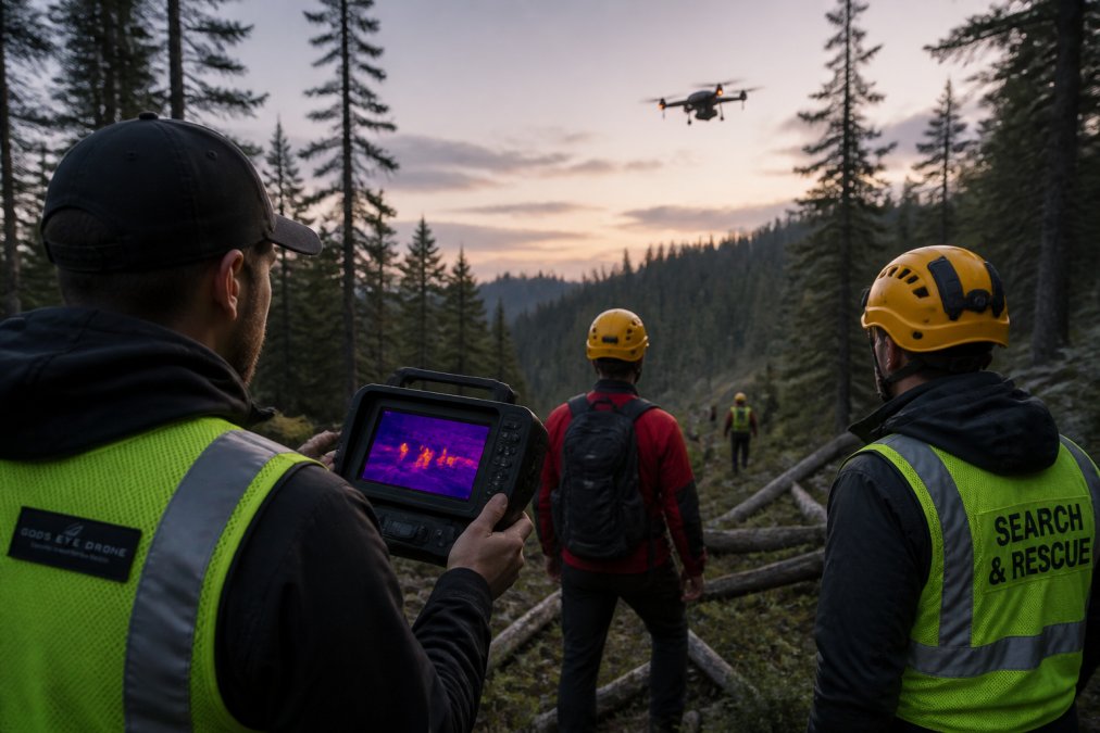 Infographic showing how drones and thermal imaging improve municipal search and rescue operations in wooded areas.