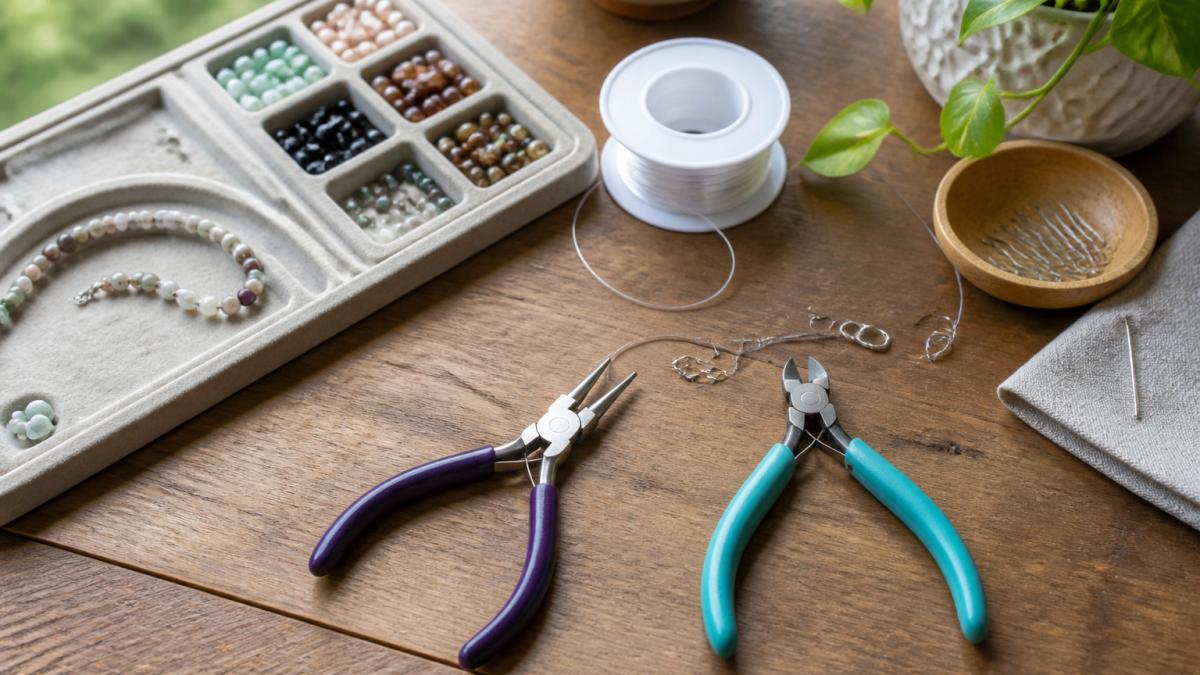 Round-nose pliers, cutters, and beads on a workbench for jewelry making projects