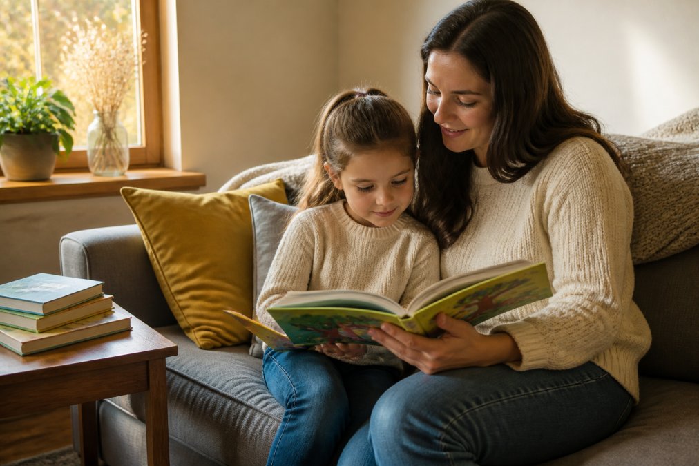 A parent and child reading a colorful activity book together on a cozy couch, with a tablet and a stack of library books visible on a side table, warm afternoon light through a window