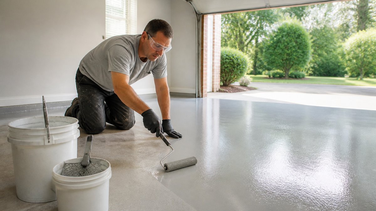Contractor applying eco-friendly epoxy with a roller to a garage floor