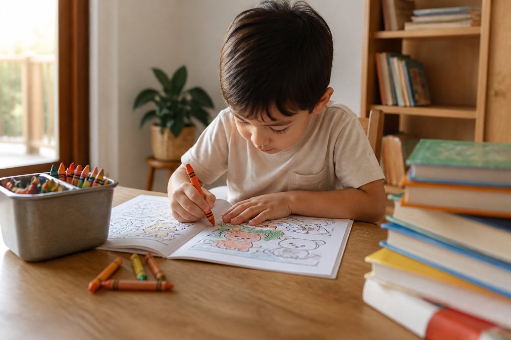 A young child sitting at a wooden table coloring an activity book with crayons, a stack of children's books nearby, warm natural light