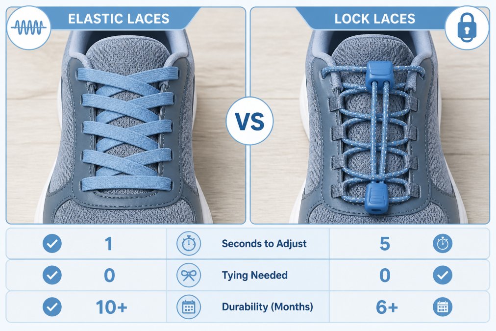 Comparison infographic showing flat versus cord elastic laces on athletic sneakers side by side