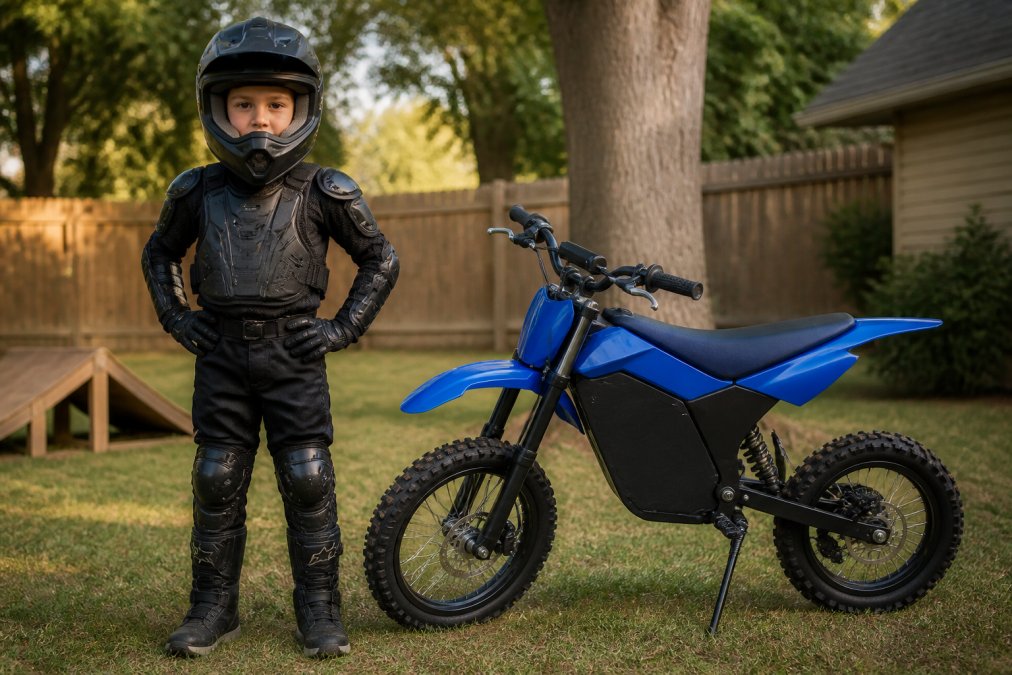 A young child in full protective gear stands confidently beside a blue electric dirt bike in a sunny backyard.