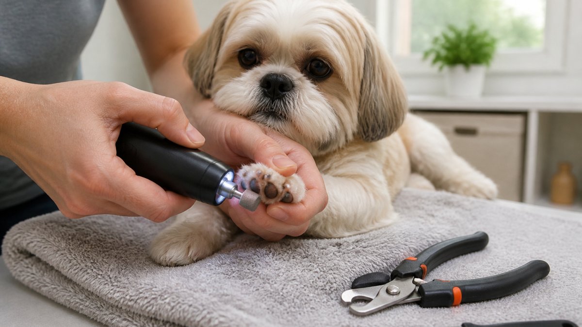 Close-up of hands holding a small dog's paw while using a cordless nail grinder with an LED light, dog resting calmly on a towel in a bright home setting