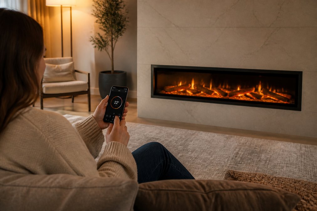A cozy living room with a modern linear electric fireplace insert built into a clean wall, a person adjusting the thermostat on a smartphone nearby, warm evening light