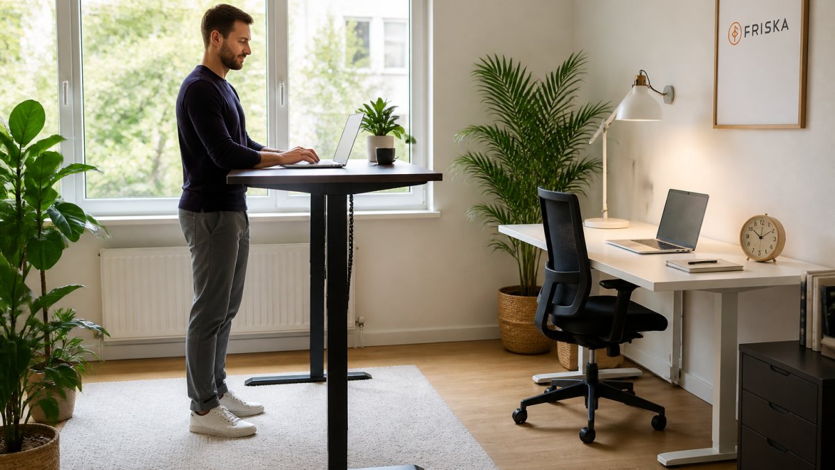 A person working at a height adjustable desk in a bright home office, standing upright with good posture while typing on a laptop, with a timer or clock visible nearby