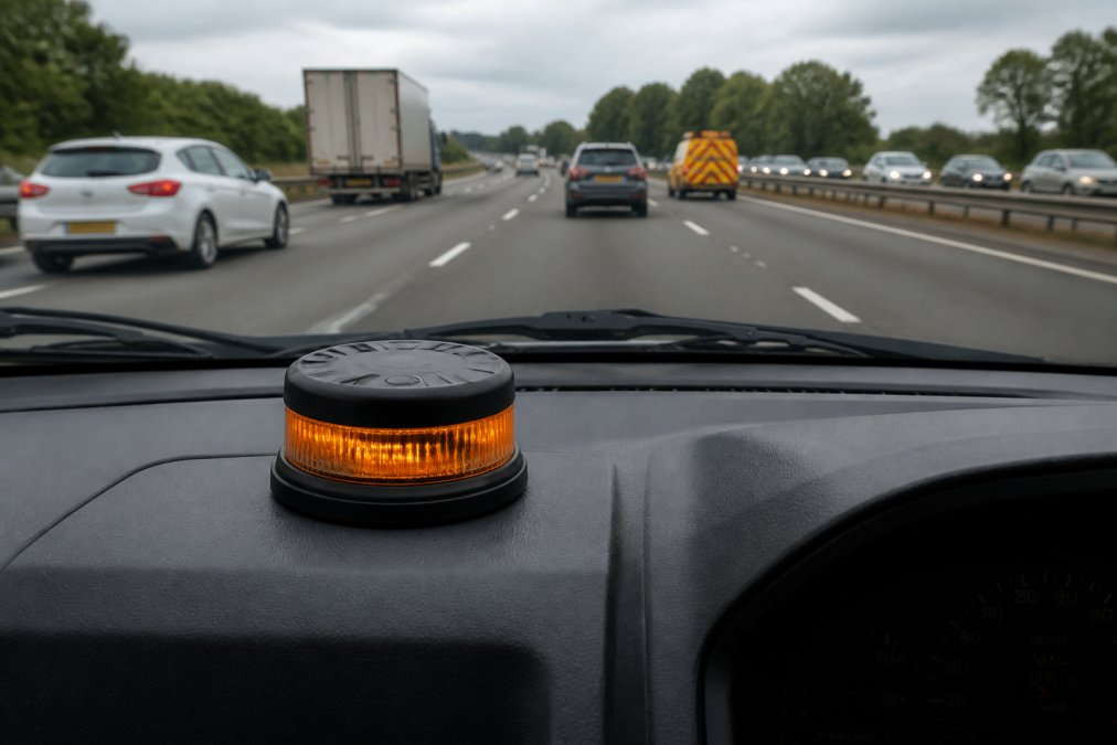 Are Emergency Beacons Worth the Investment? Close-up of an emergency beacon device mounted on a vehicle dashboard displaying an active GPS signal indicator with surrounding motorway traffic visible through the windscreen