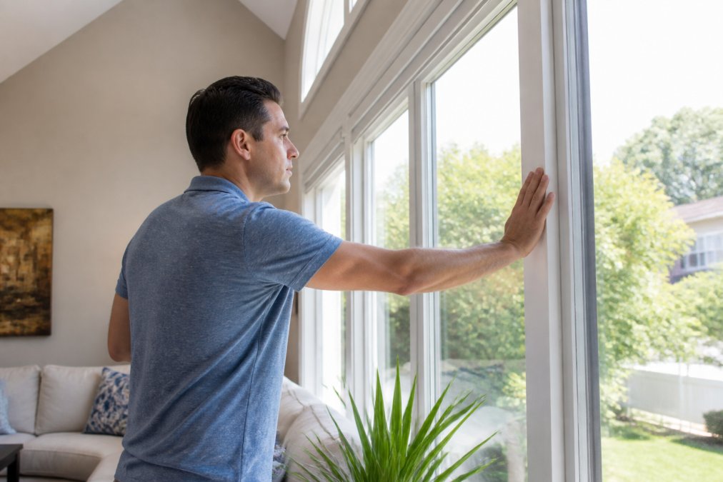 A homeowner in a bright living room pressing a hand against a double-paned window frame, checking for drafts on a sunny afternoon