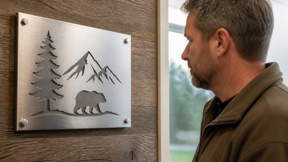 Brushed metal plaque with engraved lettering mounted on a warm wooden wall in soft lighting
