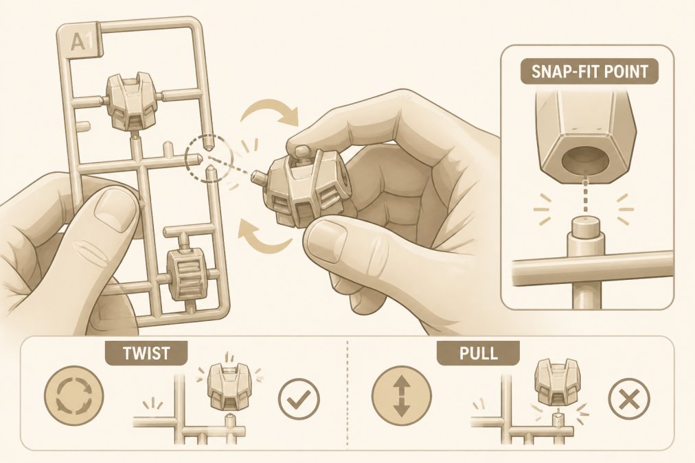 Hands carefully twisting an entry grade Gundam model kit part away from the plastic runner frame, showing the snap-fit connection point in clear detail