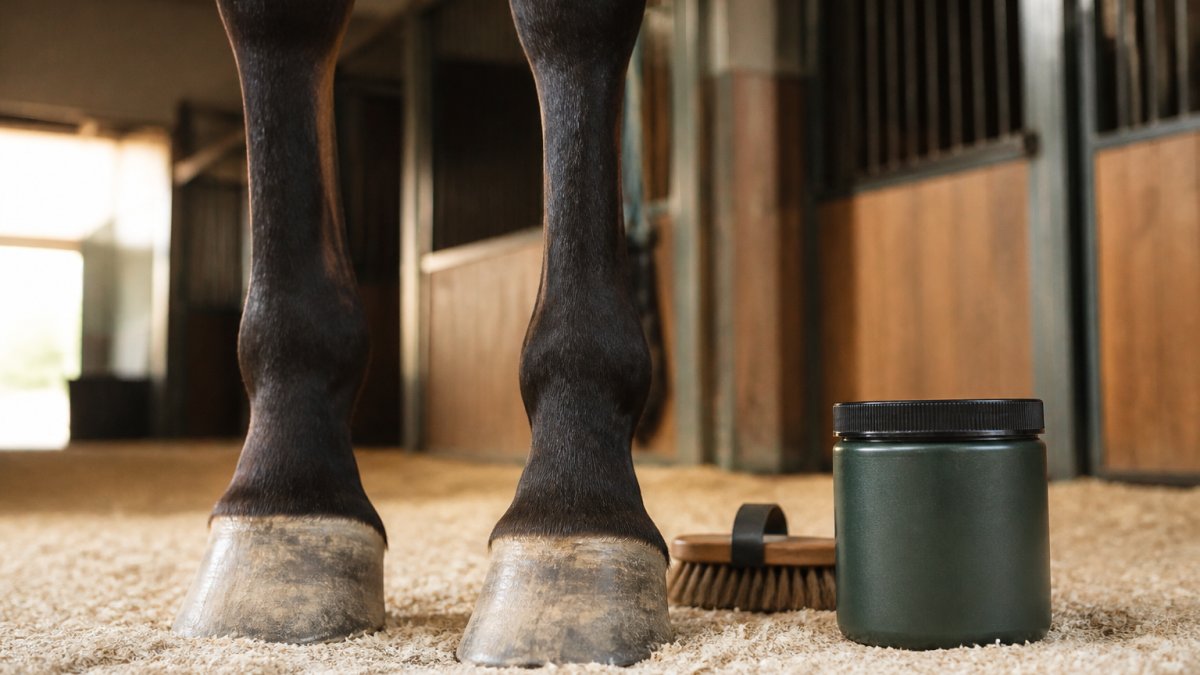 Horse standing on clean stable bedding with a grooming brush and a supplement tub nearby in soft daylight