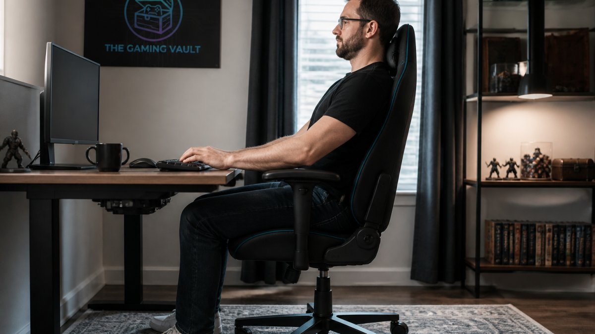 Professional demonstrating proper ergonomic sitting posture in gaming chair at desk with feet flat on floor, hands at keyboard height, and lumbar support properly positioned
