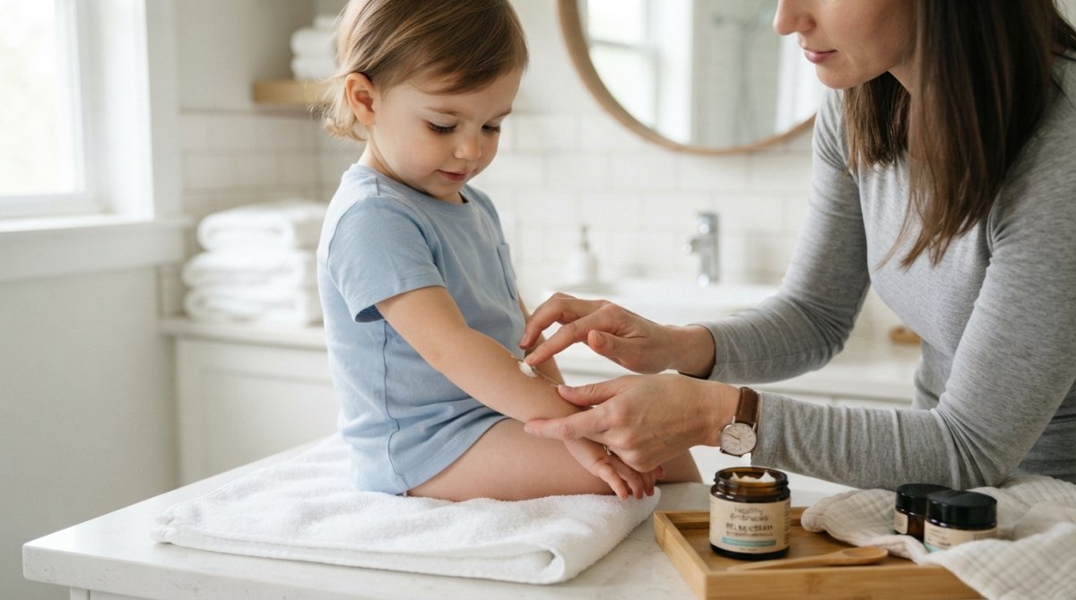 A parent gently applying a small amount of cream to the inside of a young child's forearm, with soft focus background of a bright, clean bathroom