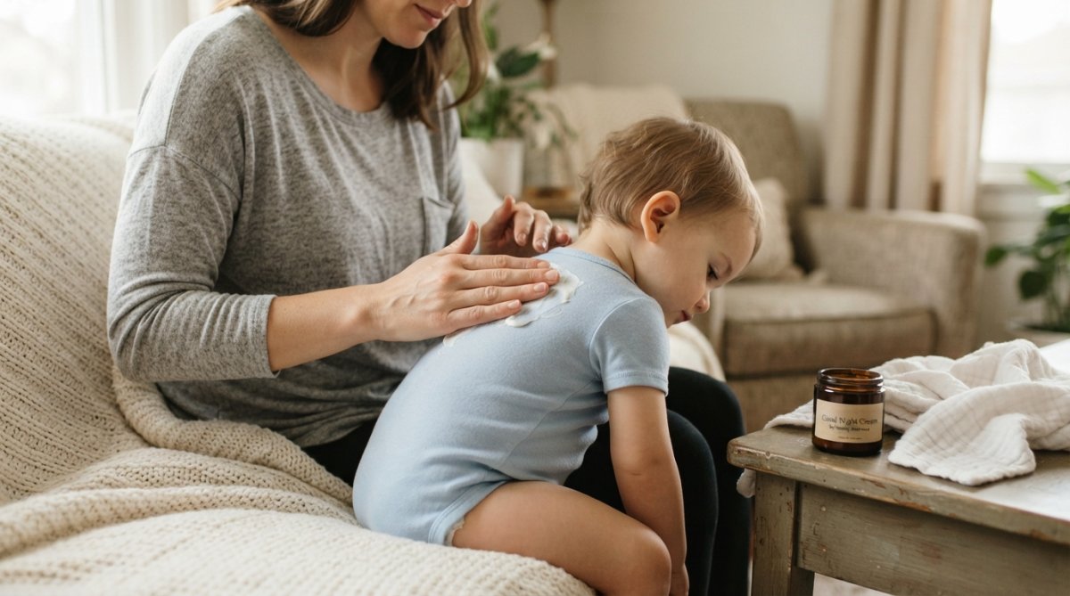 Close-up of a parent's hands massaging a small amount of white cream onto a toddler's upper back, warm natural lighting, soft fabric in the background