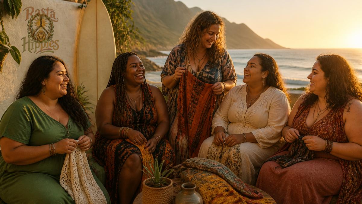 Diverse friends in colorful ethical clothing laughing outdoors at sunset, showcasing inclusive sizing in natural fabrics.
