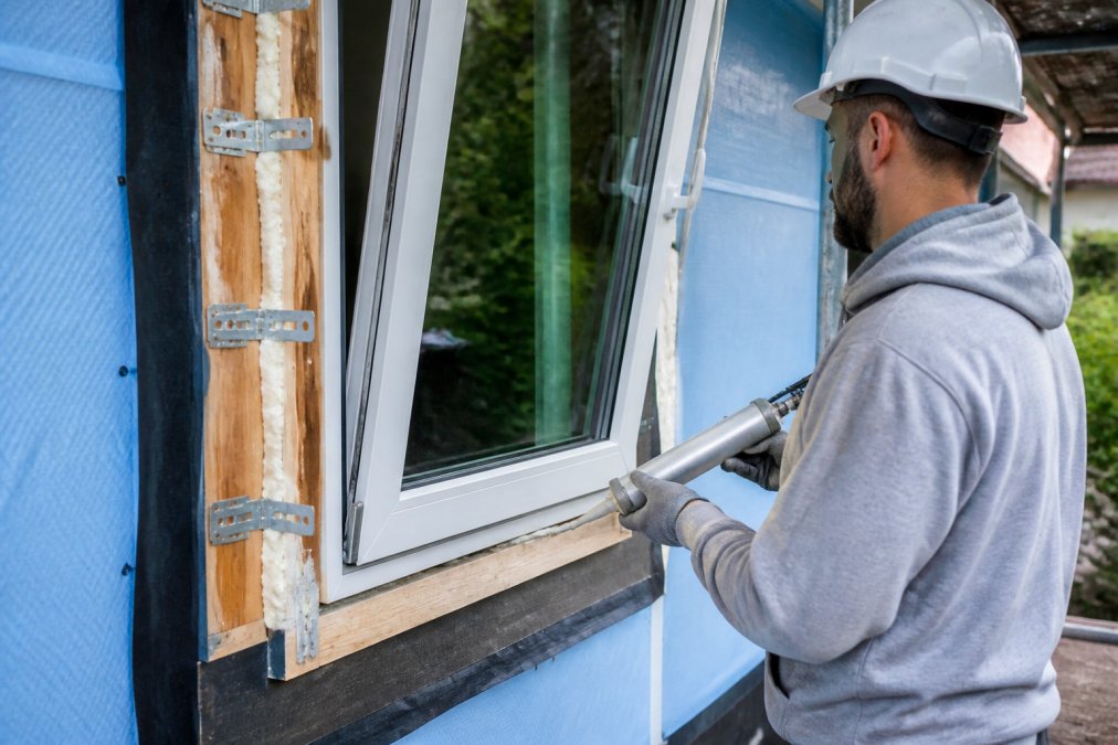 Professional contractor installing a European tilt-and-turn window into a residential wall opening, showing proper framing with foam insulation, structural anchors, and weatherproofing sealant application