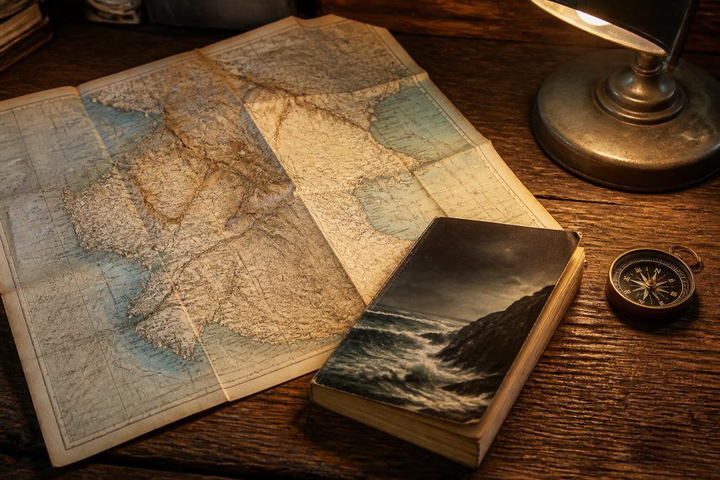 A weathered map spread open on a wooden desk beside a worn paperback thriller novel, a compass, and a dim reading lamp casting warm light