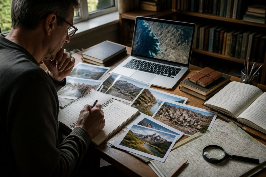 A writer at a desk surrounded by travel journals, printed photographs of remote landscapes, handwritten notes, and an open laptop showing satellite map imagery