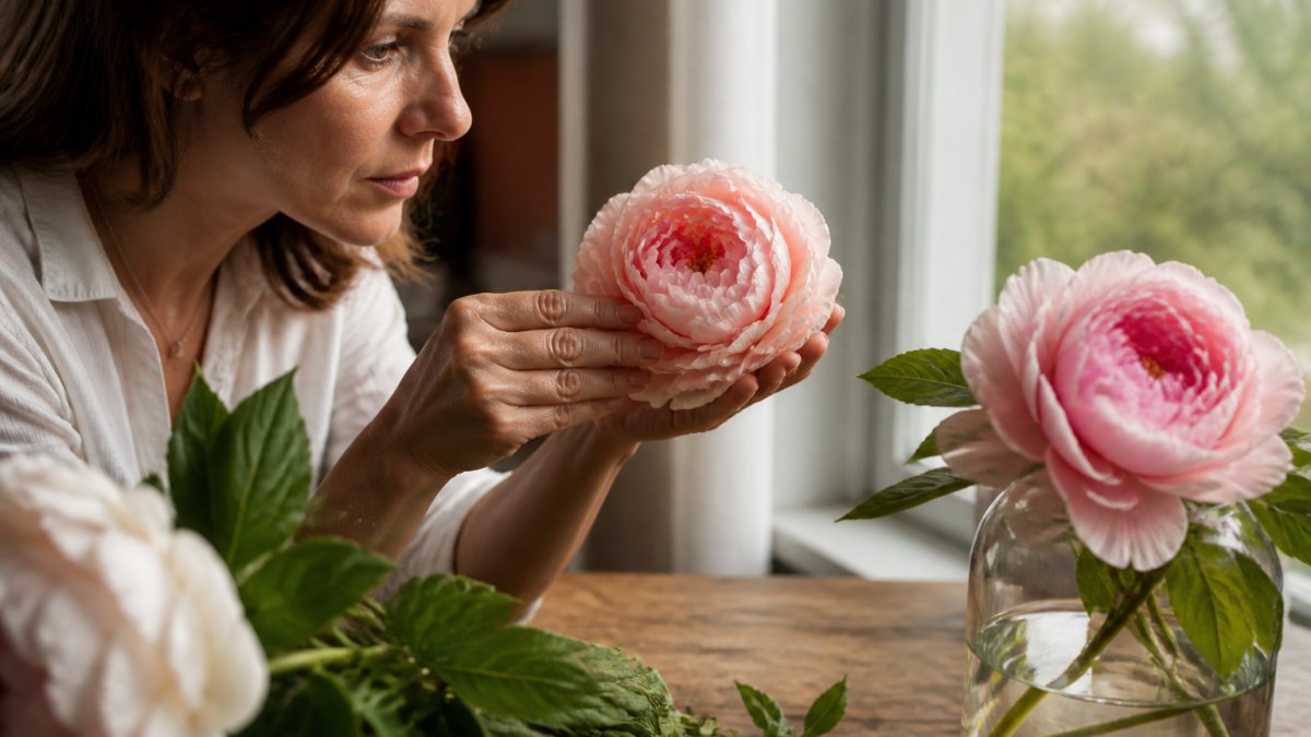 Hands examining the realistic petal texture and veining of a premium artificial peony next to a live flower