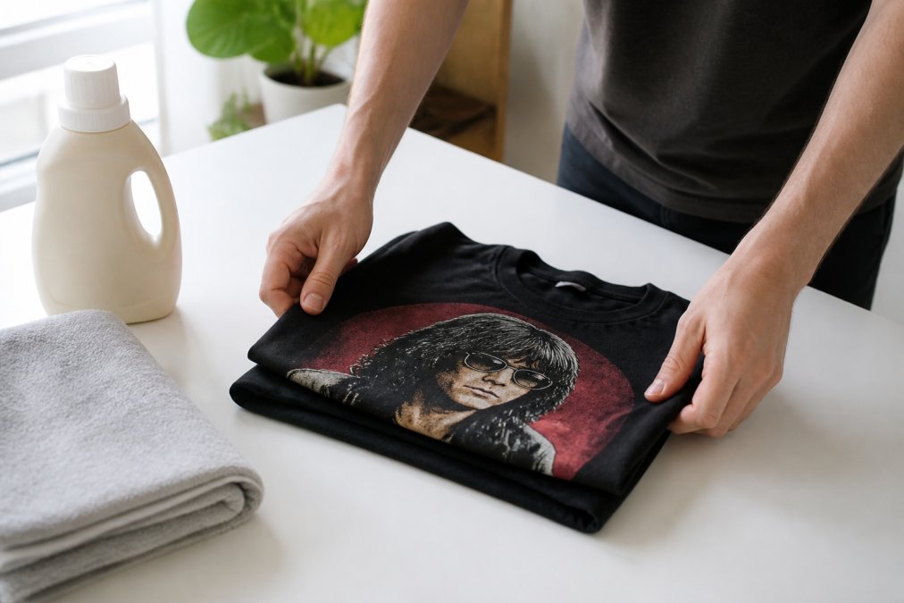 Hands carefully folding a vintage-style band tee on a clean white surface with a bottle of gentle laundry detergent and soft towel visible nearby in natural daylight