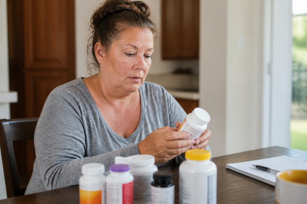 Bariatric patient reviewing supplement bottles and labels at home, examining the back of a bottle with careful attention to ingredient details and dosage information
