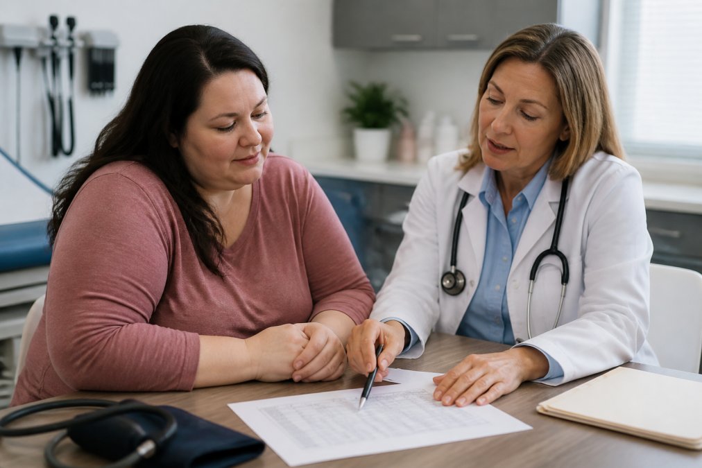 Patient sitting with healthcare provider reviewing blood work results and health charts during a follow-up consultation in a clinical setting