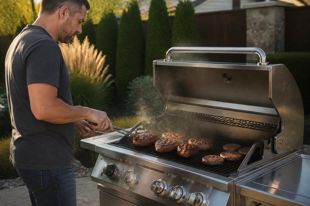 Backyard scene showing a homeowner grilling premium steaks and burgers on a high-end stainless steel gas grill in afternoon sunlight, with visible heat waves rising evenly across the cooking surface