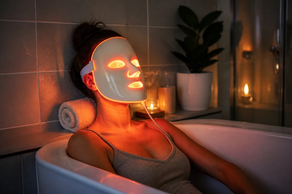 A woman wearing a full-face LED light therapy mask in a softly lit bathroom, relaxing during her evening skincare routine, warm ambient light reflecting off the mask's glow