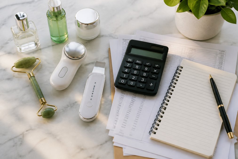 Flat lay of several at-home beauty gadgets including a facial roller, a compact massage device, and a skincare tool arranged neatly on a white marble surface alongside a few glass skincare product bottles, clean natural daylight