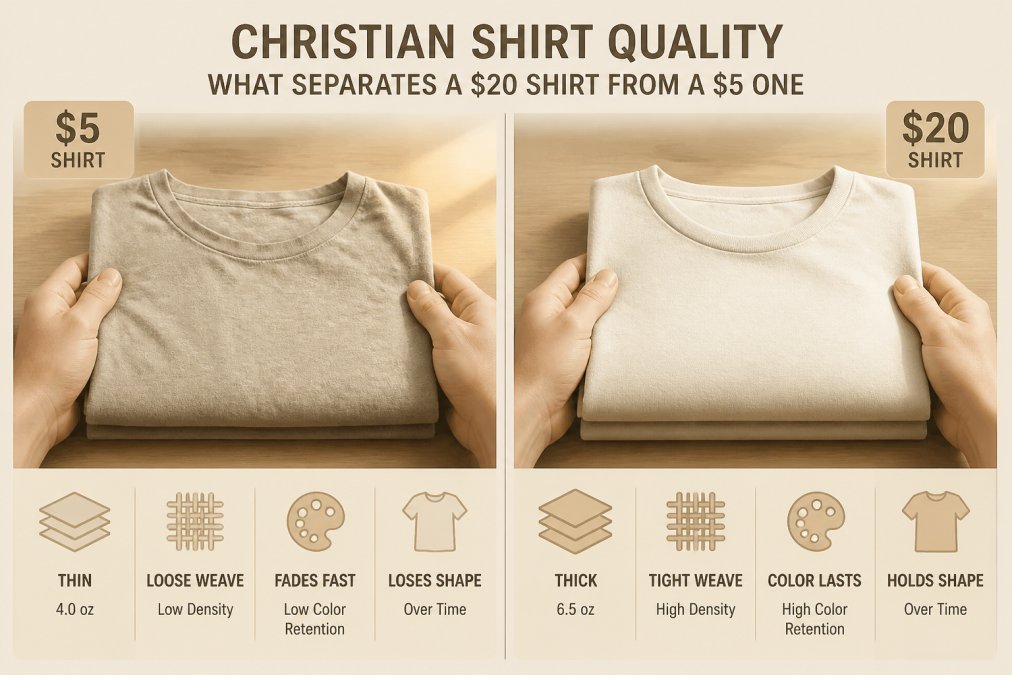 Close-up of hands holding two folded t-shirts side by side, one visibly thinner and faded, the other thick and structured, on a wooden table with natural light