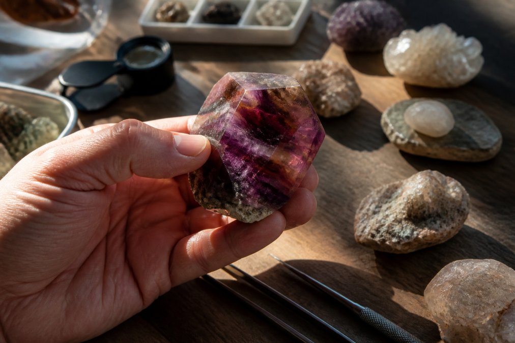 Close-up of a hand holding a polished crystal specimen under bright natural light, examining color saturation and clarity details, with the stone displaying vivid hues against a neutral background