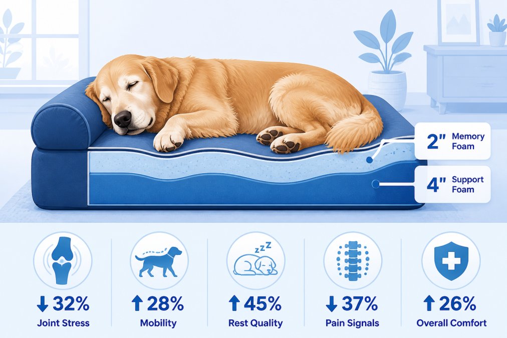 Senior golden retriever sleeping peacefully on a supportive orthopedic bed, showing relaxed posture and gentle expression, in a bright home setting with natural window light