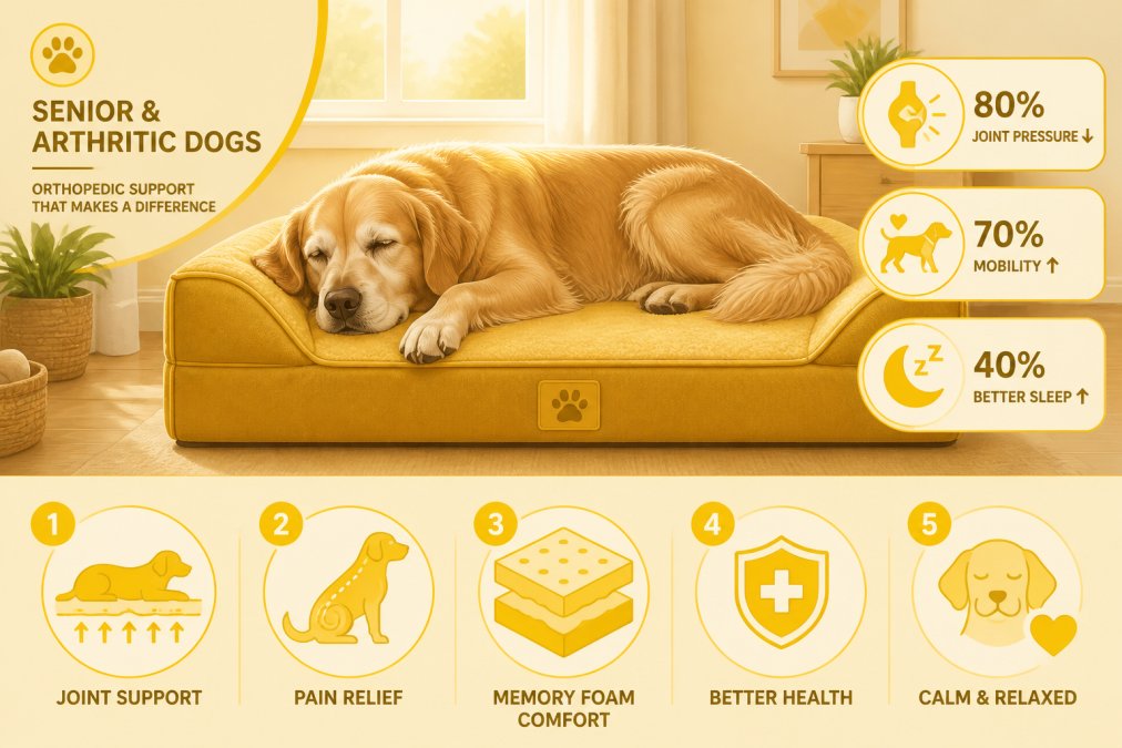 An older golden retriever resting peacefully on a plush orthopedic dog bed in a sunlit living room, showing visible comfort and relaxation
