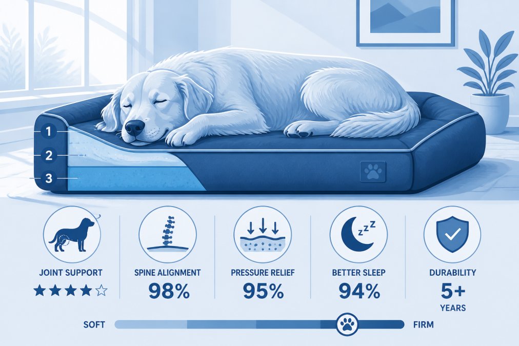 Large breed dog (Golden Retriever) resting peacefully on a premium orthopedic dog bed in a sunlit home setting, showing relaxed posture and comfort