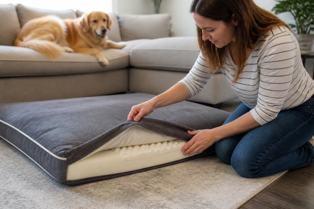 A dog owner examining a high-quality dog bed in a bright home setting, carefully checking the material thickness and construction details