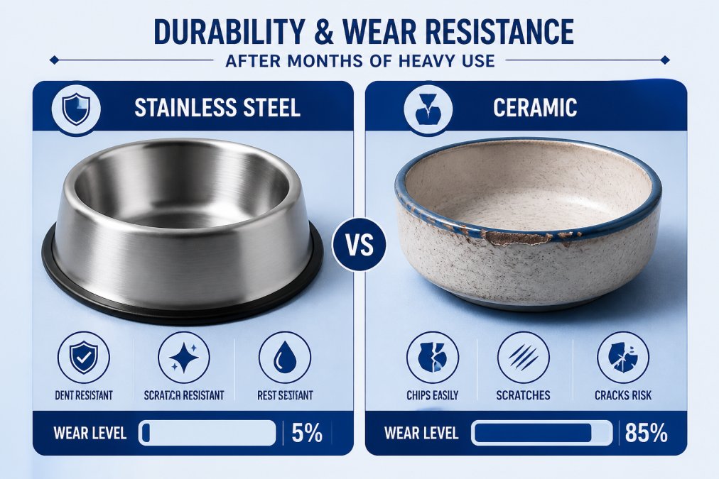 Close-up of a durable stainless steel dog bowl next to a worn ceramic bowl, showing side-by-side comparison of wear patterns and surface condition after months of heavy use