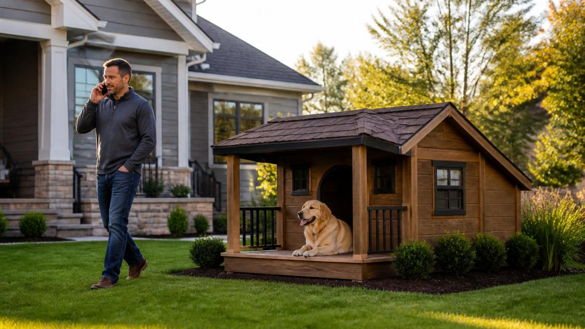 A large insulated wooden dog house with architectural shingles and a covered porch sitting on a manicured lawn beside a modern suburban home, golden hour lighting