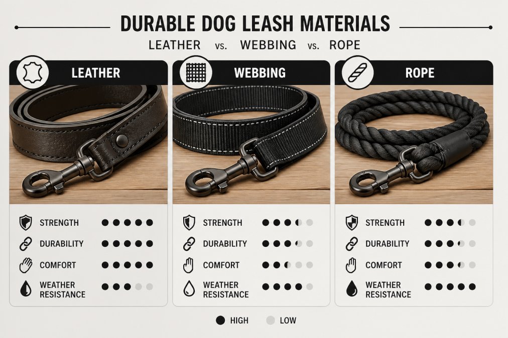 Close-up side-by-side comparison of three dog leash materials: a thick leather leash, a nylon webbing leash with stitched edges, and a rope leash, showing texture and stitching detail on a wooden table