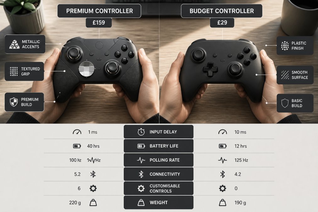 Close-up of hands holding a premium wireless gaming controller and a budget controller side-by-side on a wooden desk, showing the metallic accents, textured grip surfaces, and construction quality differences in natural window lighting