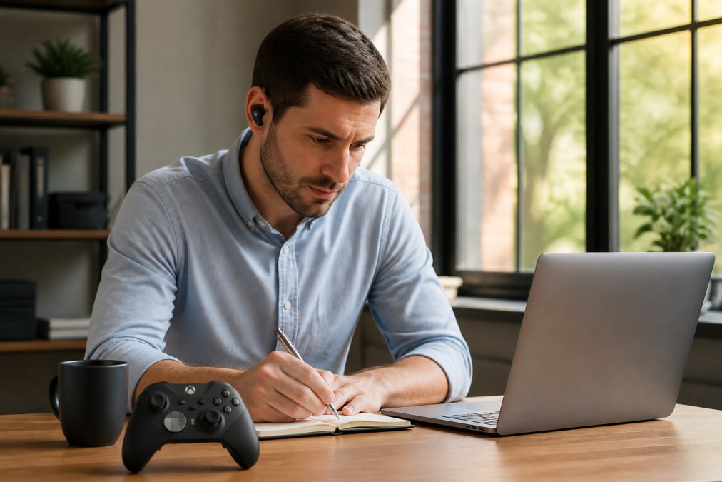 Professional in business casual attire working at a modern desk with a laptop, wearing premium noise-cancelling earbuds, with natural light streaming through large windows, showing focused concentration and productivity
