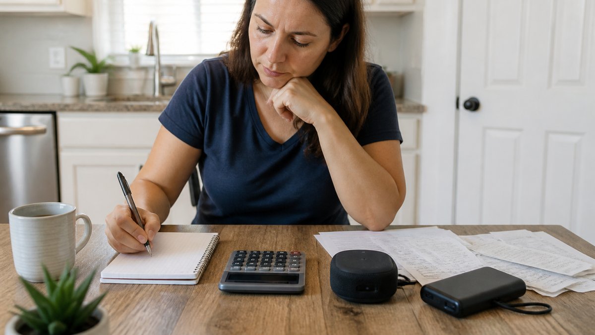 Person using a calculator and notepad to compare the cost-per-use of two small electronic devices at a table
