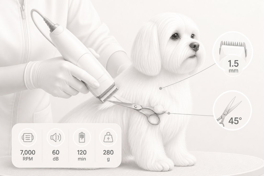Close-up of a professional groomer's hands using high-quality clippers and shears on a dog's coat, showing precise blade positioning and the dog's calm demeanor during grooming
