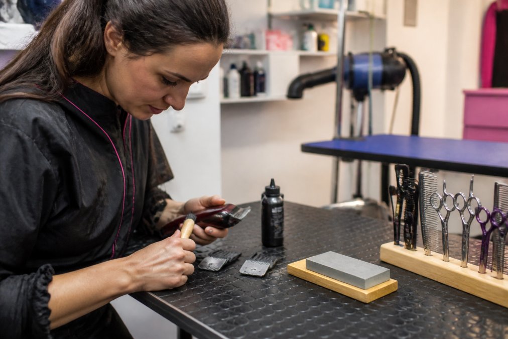 A grooming station workbench with maintenance supplies including blade oil, cleaning brush, sharpening stone, and professional-grade clippers laid out for cleaning and care