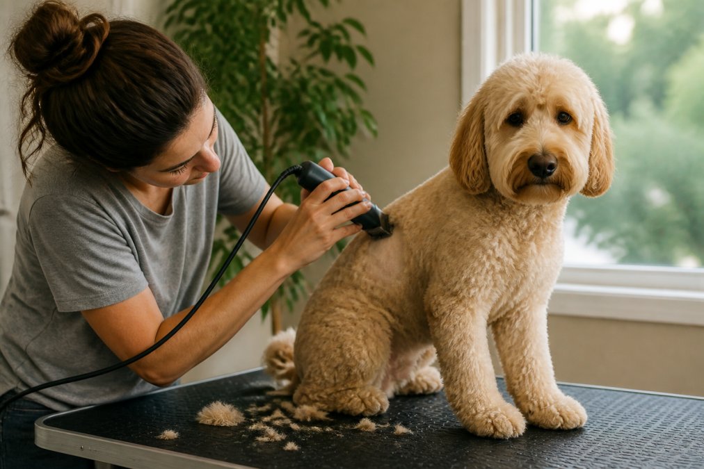 Pet owner using professional-grade clippers on a calm dog seated on a grooming table at home, demonstrating proper ergonomic hand positioning and steady technique with natural daylight from nearby window