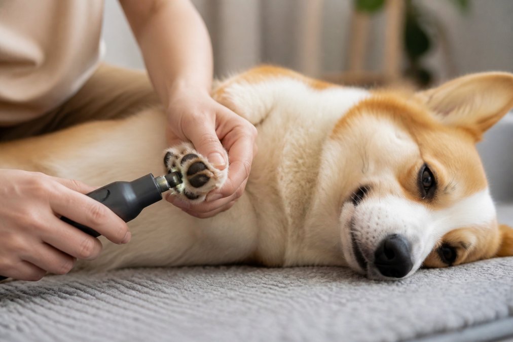 Close-up of a person's hands gently using a quiet nail grinder on a relaxed dog's paw, with the dog lying calmly on a soft mat, demonstrating the calm, stress-free grooming experience with soft indoor lighting
