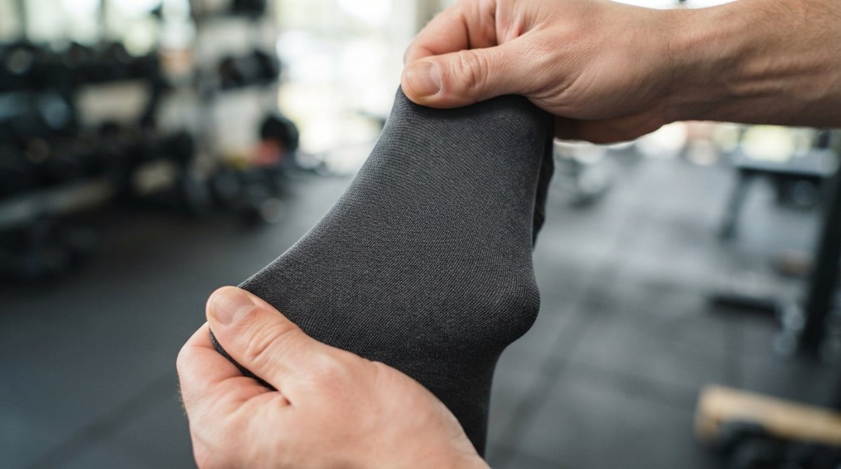 Close-up of hands stretching high-performance athletic fabric, showing the four-way stretch and elasticity of premium nylon-elastane blend material with visible texture and weave