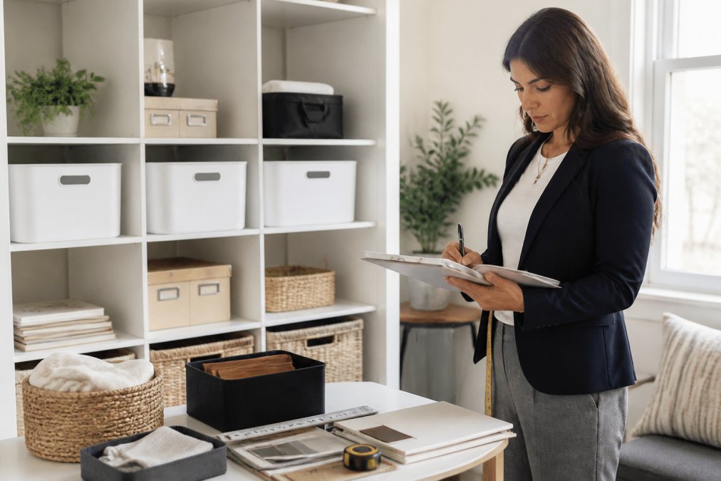 A bright, organized home office with labeled storage containers on shelves, a person in professional attire holding a clipboard reviewing notes and taking measurements before a consultation begins