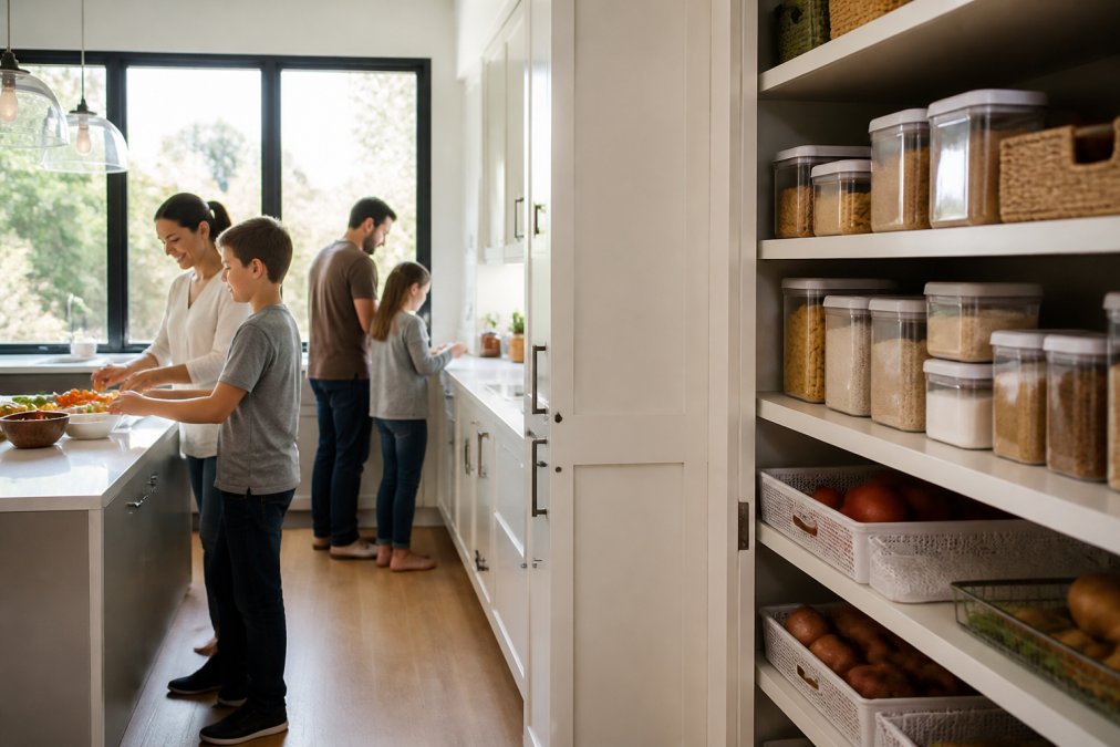 A modern kitchen with a family of four preparing meals together, clear food storage containers organized in the pantry, labeled shelves, and functioning storage systems with natural daylight streaming through windows