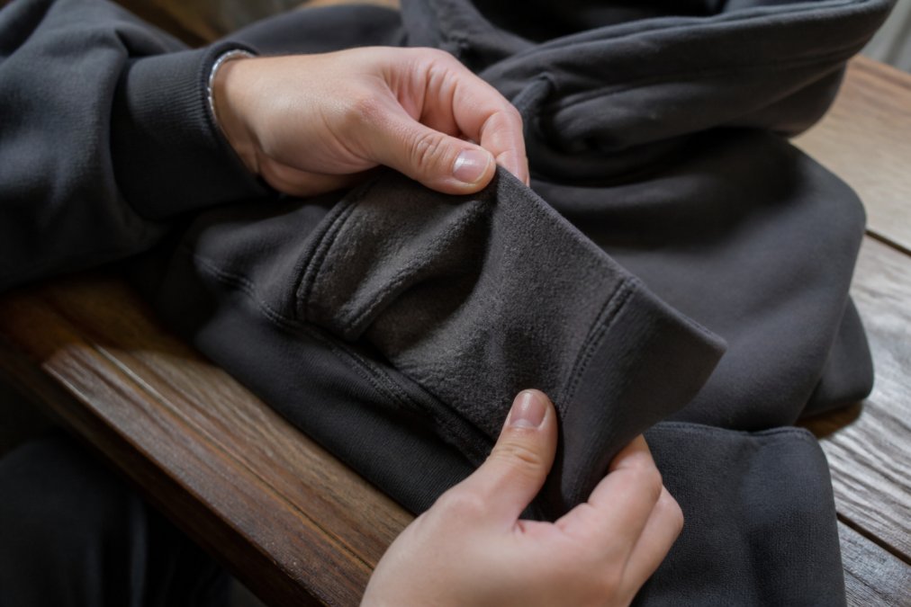 Close-up of hands examining the stitching, fabric weight and inner fleece of a heavyweight hoodie on a wooden table